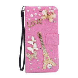 Galaxy S6 Edge Crystal Flip Leather Wallet Case with Strap (Eiffel Tower Hot Pink)